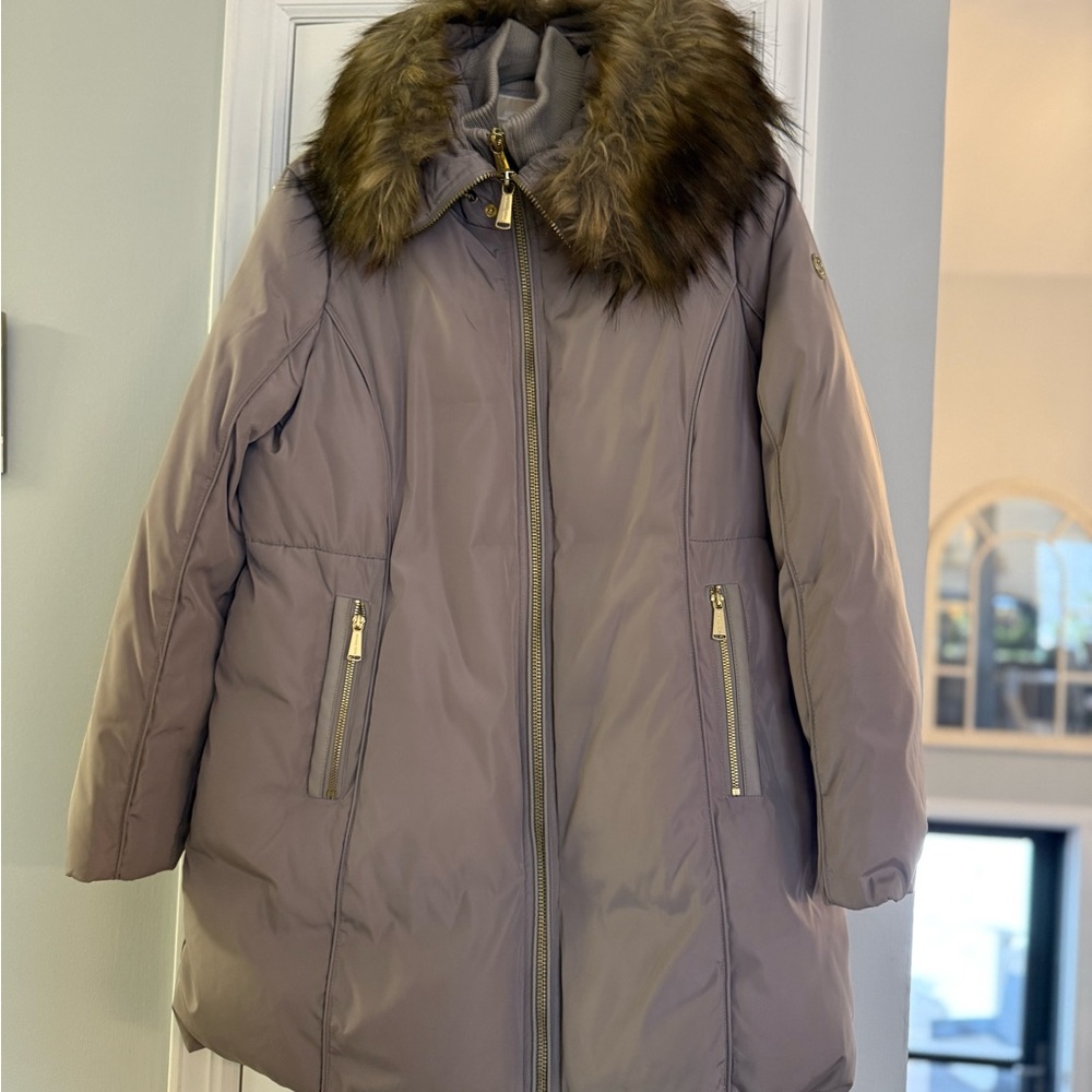 Michael Kors Taupe Fur-Trimmed Coat